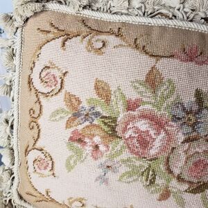 Vtg 70 Wool Velvet Decorative Pillow Floral Needlepoint Crewl French Handcraft